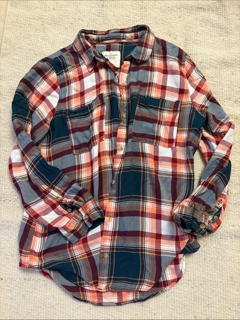Abercrombie & Fitch Plaid Button-Down Shirt in Navy, Burgundy & Orange